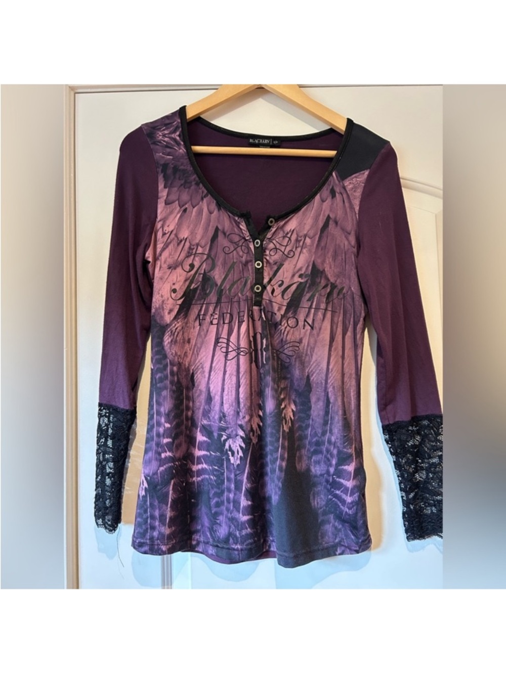 Black Orchid Purple Ombre Lace-Cuff Long Sleeve Tee Shirt